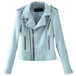 : Women’s Sky Blue Biker Genuine Sheepskin Lapel Collar Café Racer Outfit Quilted Design Sporty Crossover Asymmetric Rider Leather Jacket