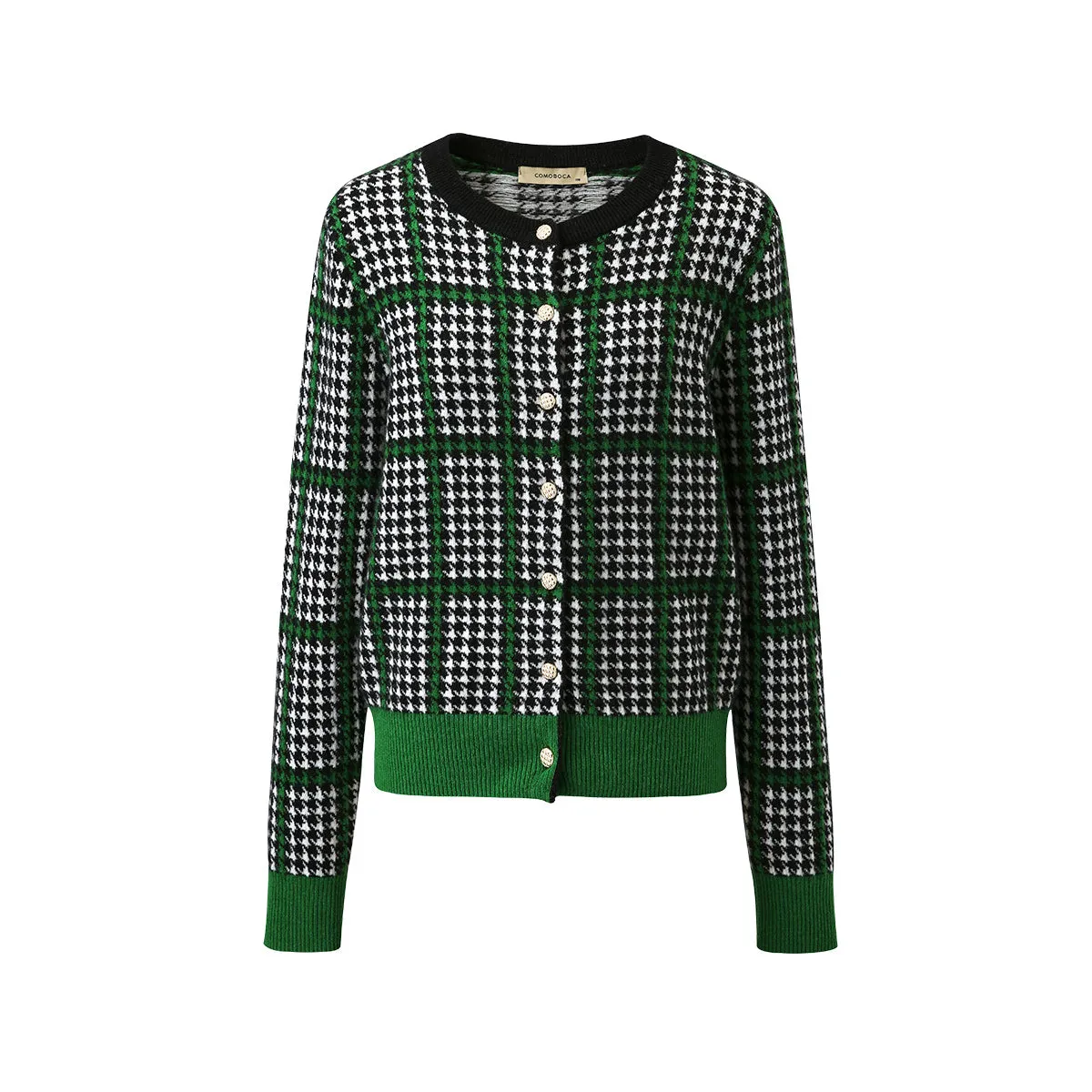 100% Cashmere Houndstooth Plaid Knit Cardigan