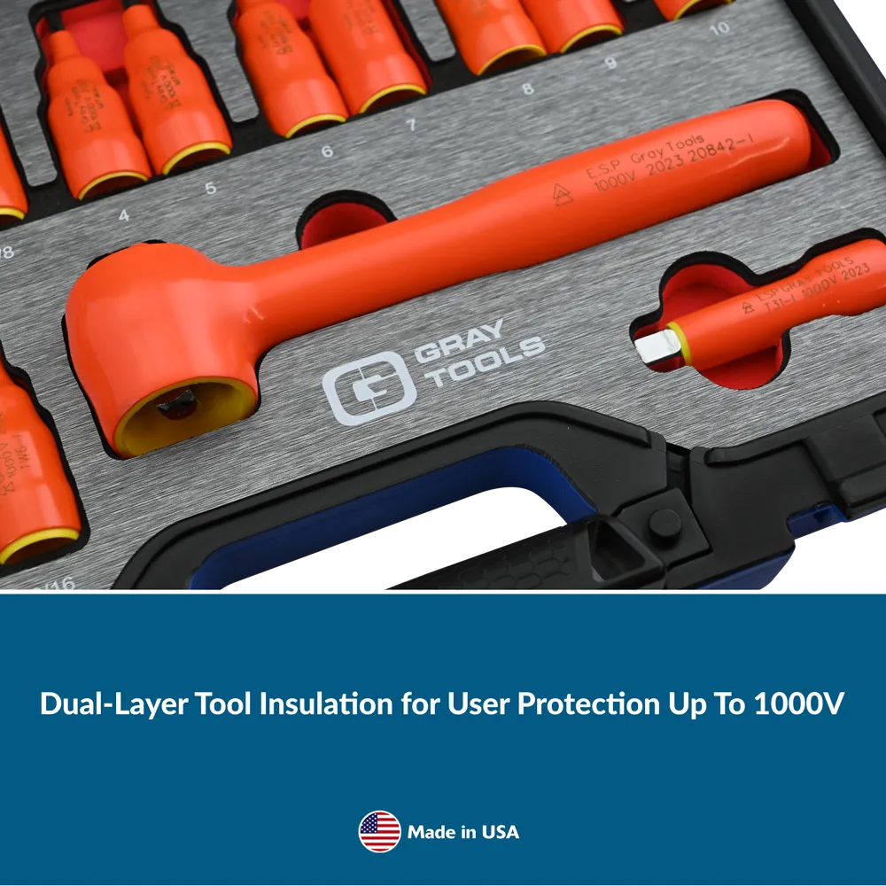 16 Piece 3/8" Drive SAE & Metric Hex Bit Insulated Socket and Attachment Set, 1000V Insulated