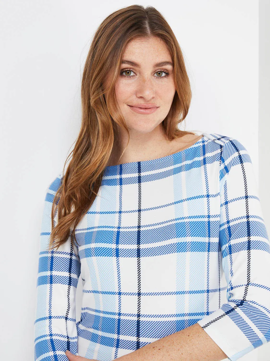 3/4 Sleeve Plaid Boat Neck Top