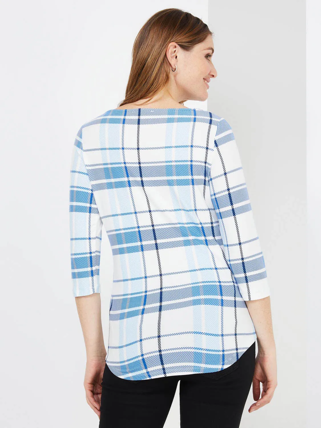 3/4 Sleeve Plaid Boat Neck Top