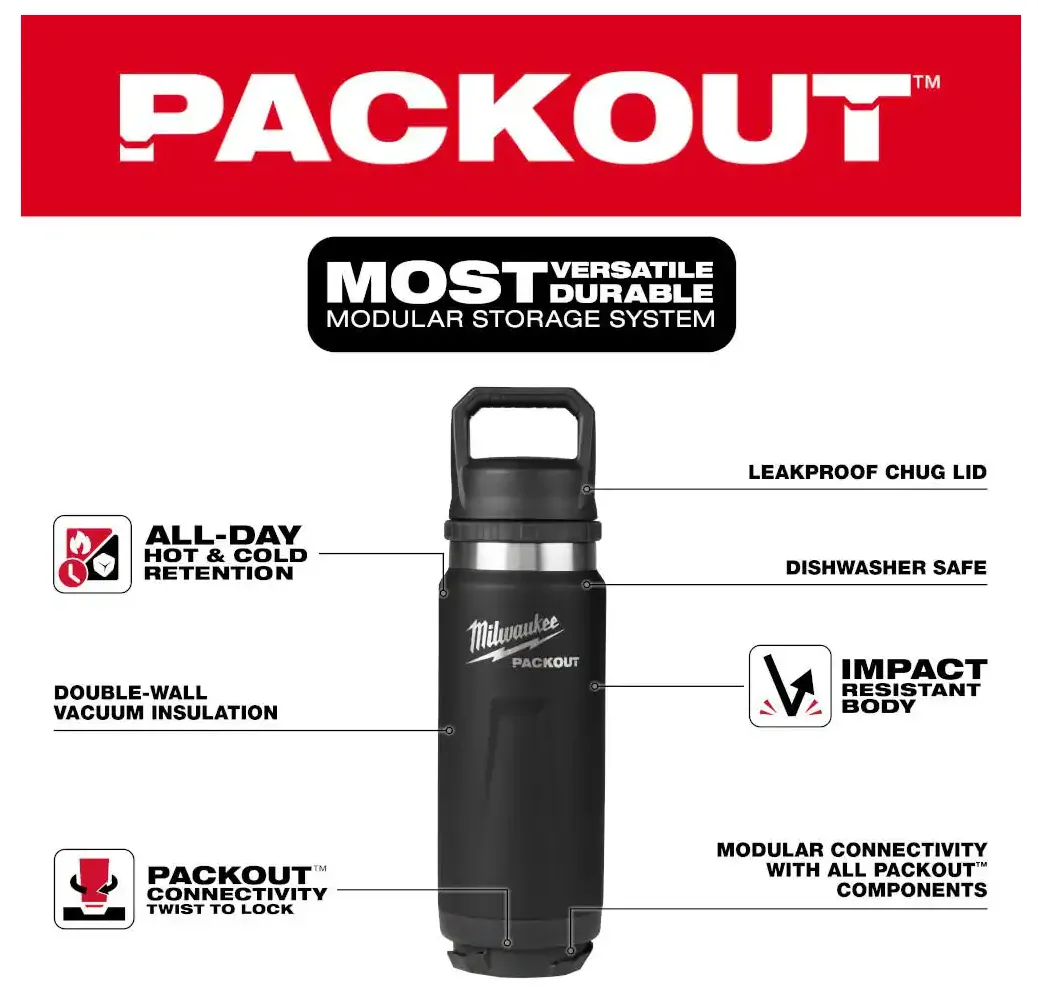 48-22-8396B Milwaukee PACKOUT 24oz Insulated Bottle w/Chug Lid - Black