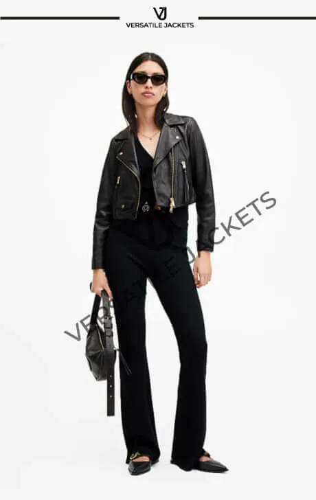 AllSaints Elora Cropped Moto Jacket in Black Leather