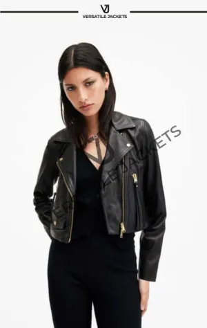 AllSaints Elora Cropped Moto Jacket in Black Leather