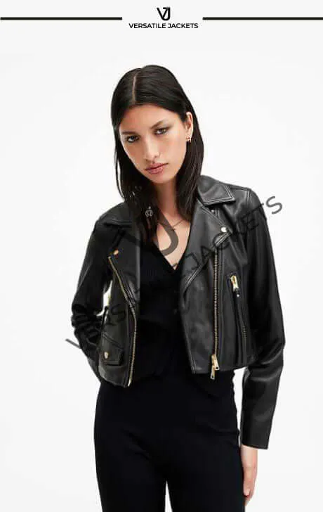 AllSaints Elora Cropped Moto Jacket in Black Leather