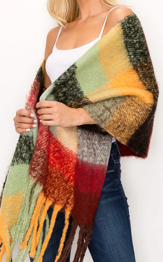 AS318 Multi Plaid Grunge Oblong Scarf with Fringes