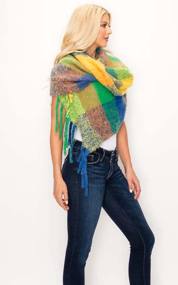 AS318 Multi Plaid Grunge Oblong Scarf with Fringes