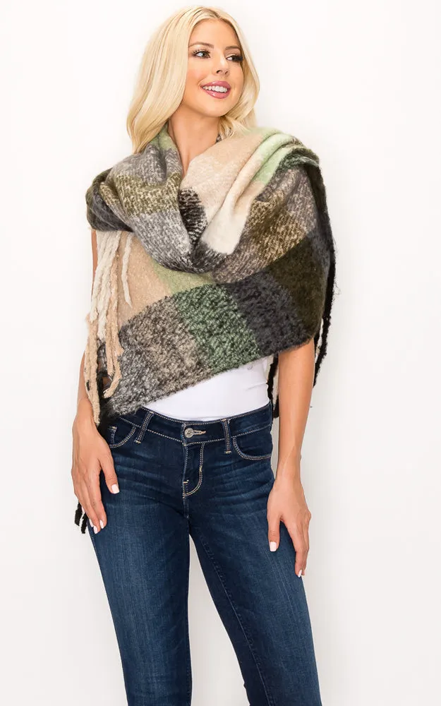 AS318 Multi Plaid Grunge Oblong Scarf with Fringes