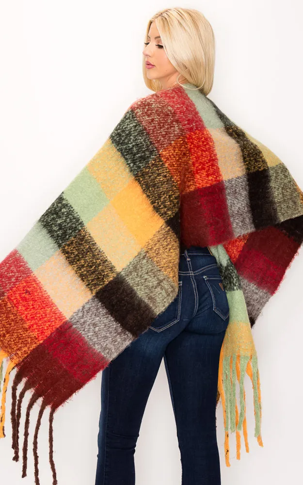 AS318 Multi Plaid Grunge Oblong Scarf with Fringes