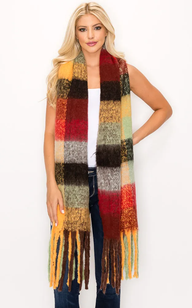 AS318 Multi Plaid Grunge Oblong Scarf with Fringes