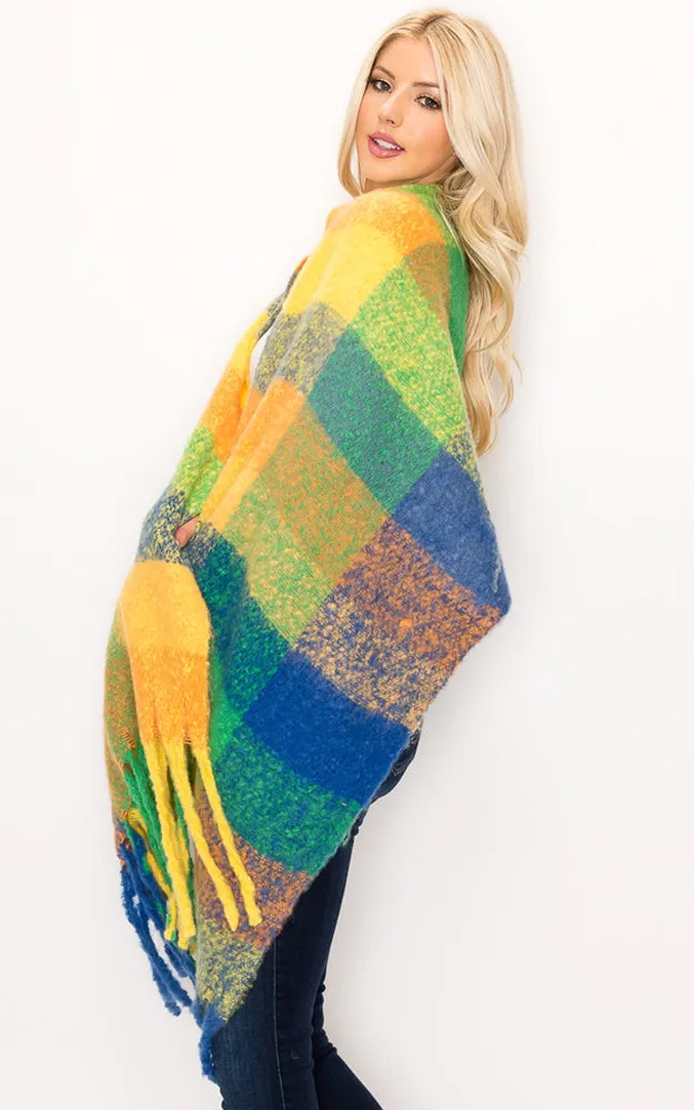 AS318 Multi Plaid Grunge Oblong Scarf with Fringes