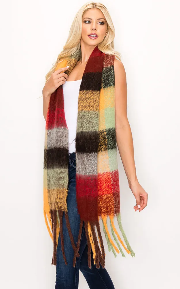 AS318 Multi Plaid Grunge Oblong Scarf with Fringes