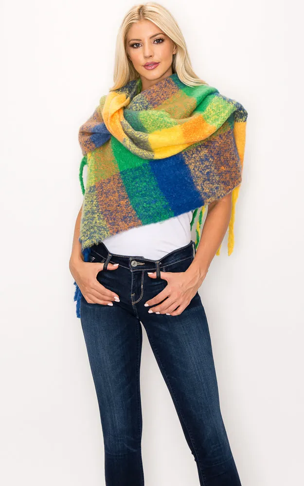 AS318 Multi Plaid Grunge Oblong Scarf with Fringes