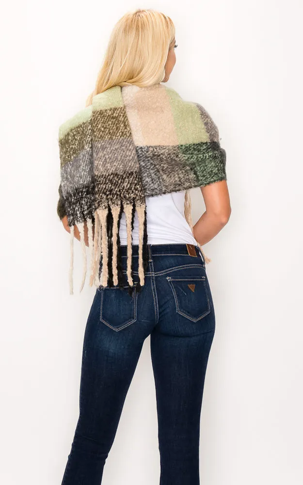 AS318 Multi Plaid Grunge Oblong Scarf with Fringes