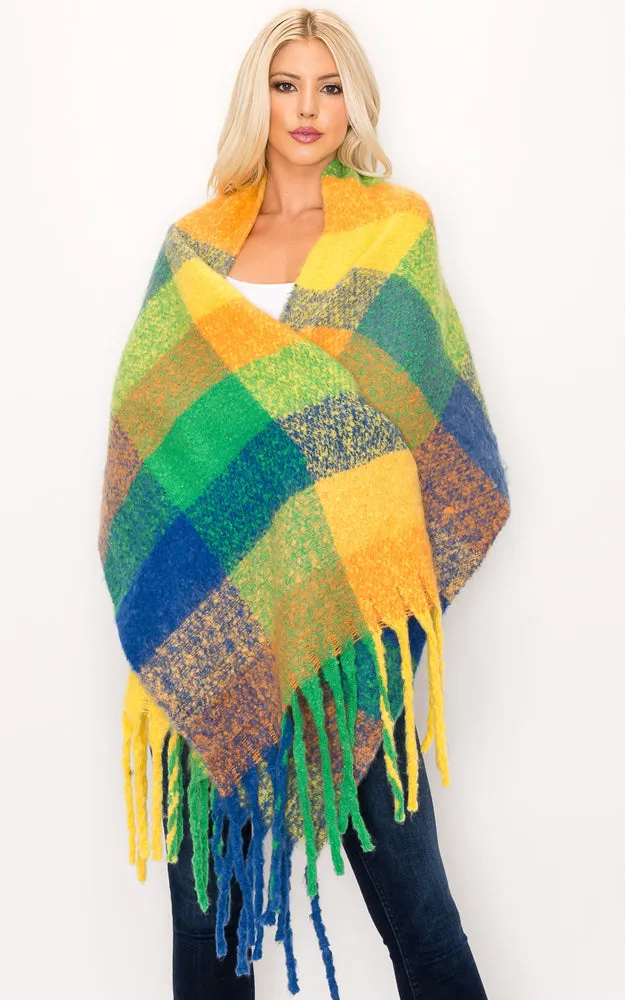 AS318 Multi Plaid Grunge Oblong Scarf with Fringes