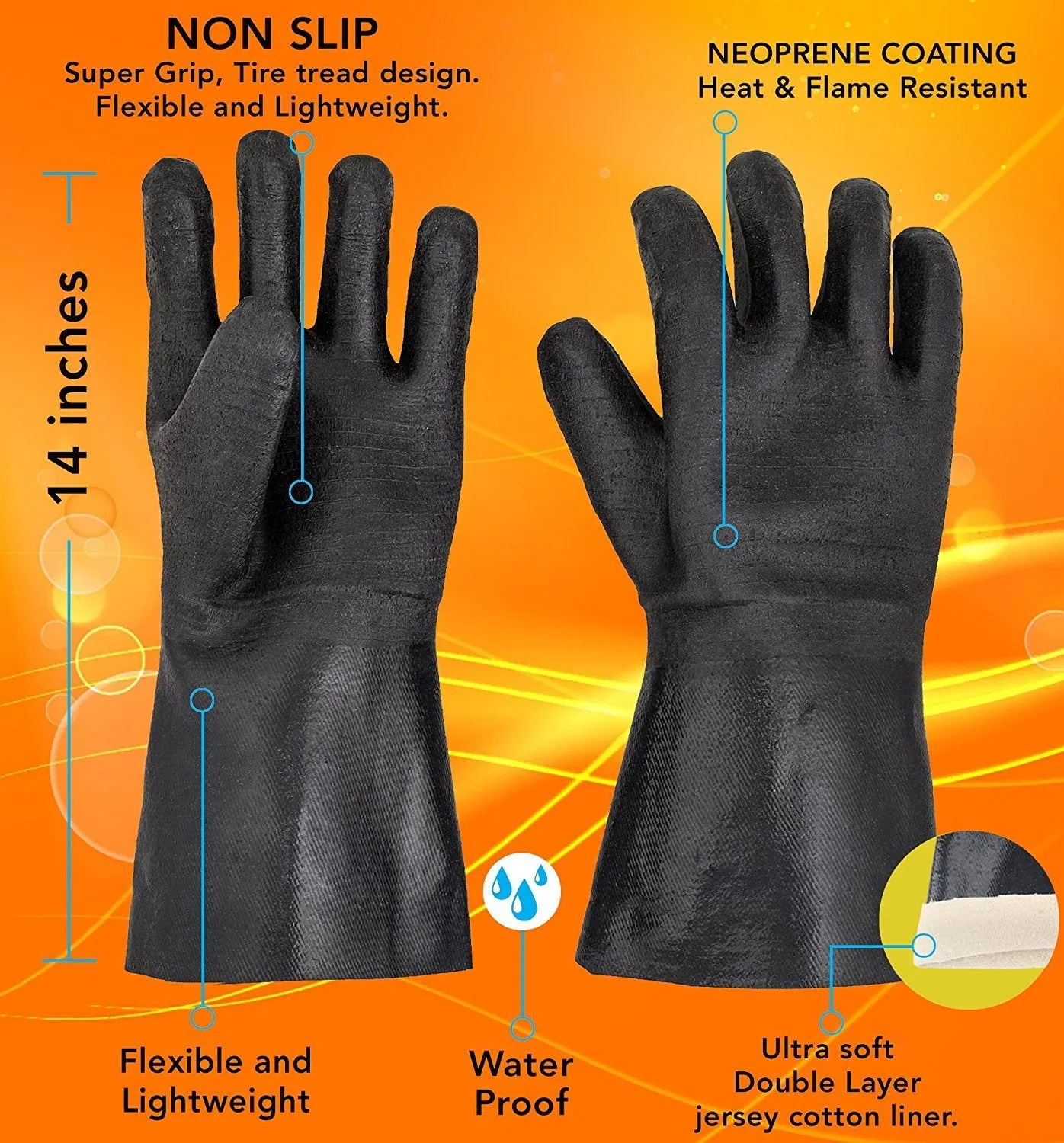 BBQ Gloves - Smoker, Grill, and Cooking Gloves. For Handling Hot Food Right On Your Fryer Grill or Oven. Insulated Flame Oil and Heat Resistant, Waterproof Neoprene Coating -1 pair (14 Inch)