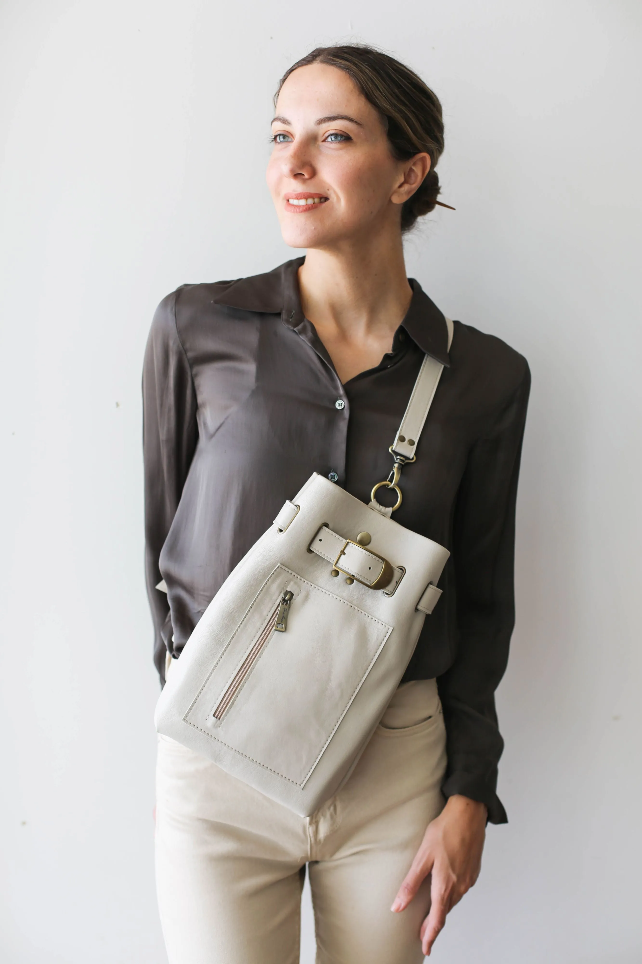 Beige Leather Sling Backpack