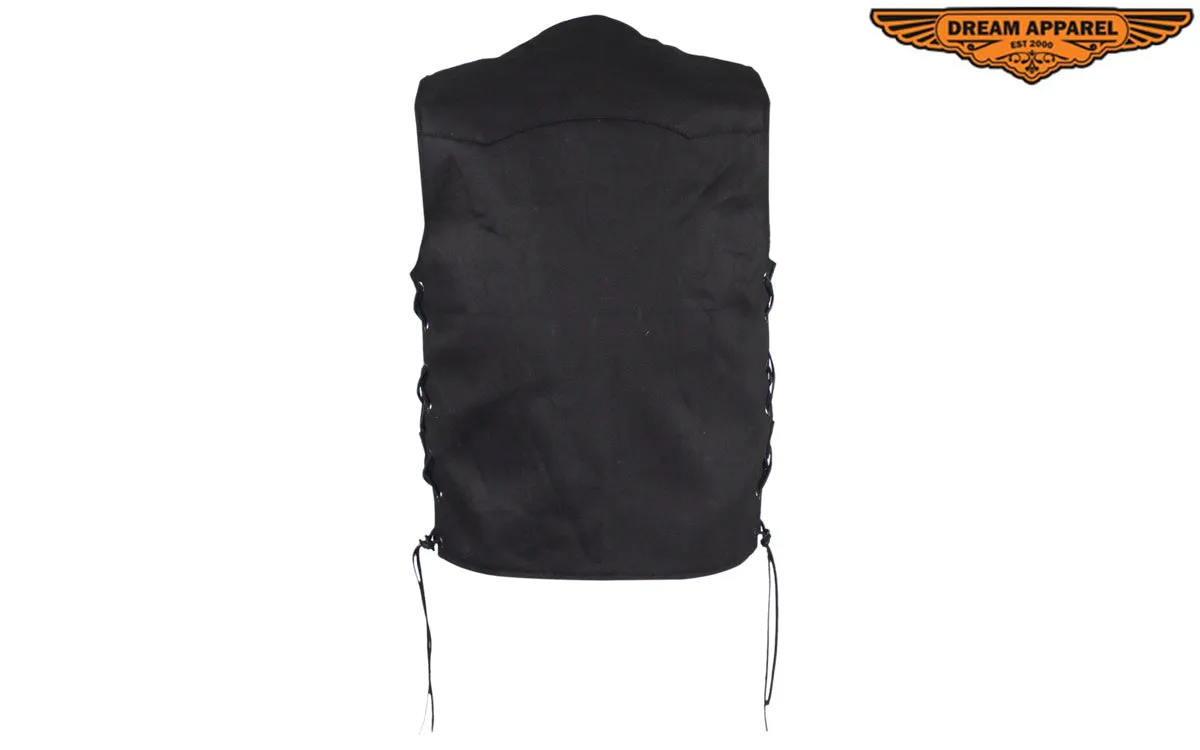 Black Denim Vest with Leather Side Laces