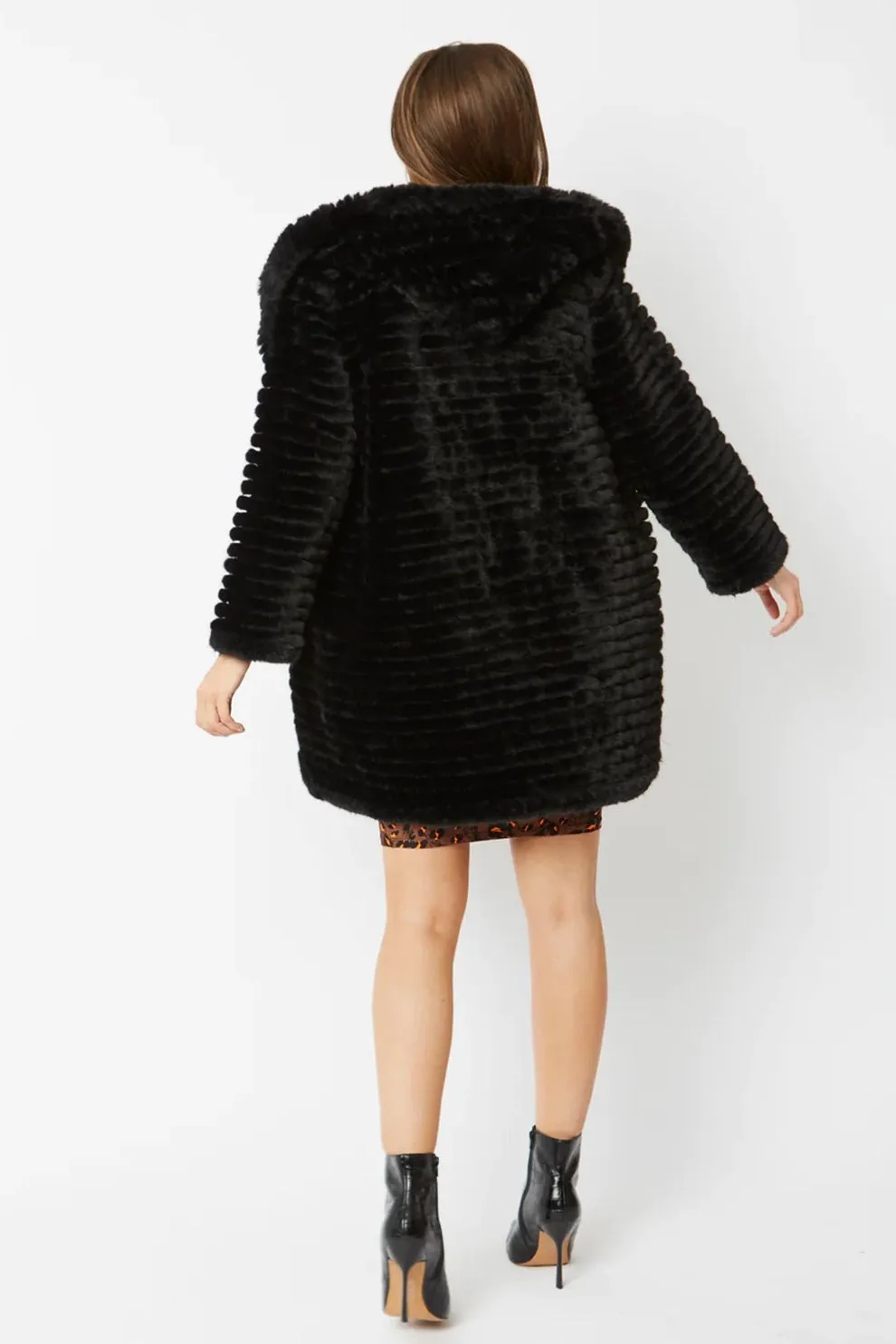 Black Faux Mink Fur Hooded Coat