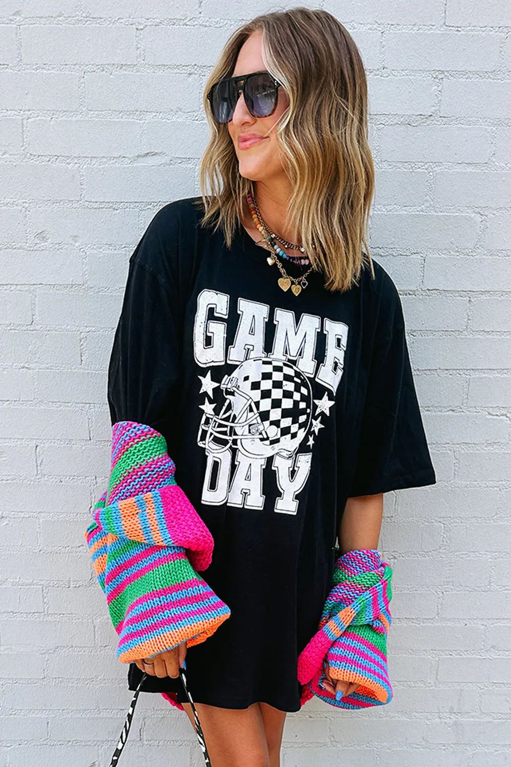 Black GAME DAY Checkerboard Rugby Helmet Printed Tunic T Shirt