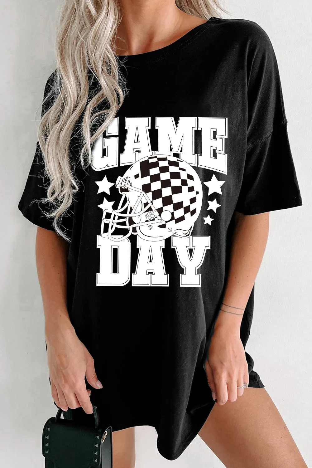 Black GAME DAY Checkerboard Rugby Helmet Printed Tunic T Shirt