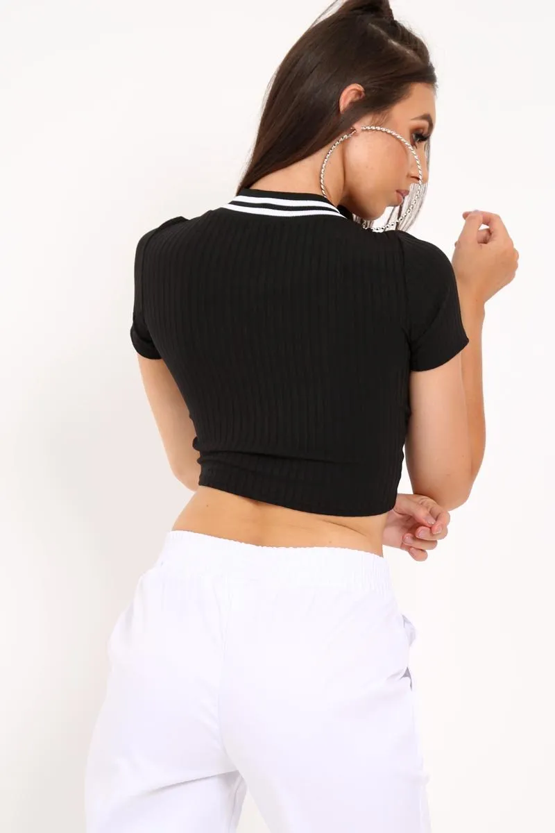 Black Ribbed Varsity Stripe Crop Top - Corene