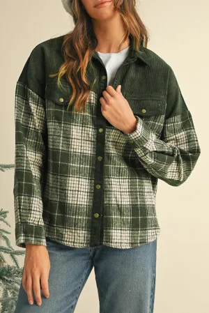 Blackish Green Snap Buttons Patchwork Plaid Shacket