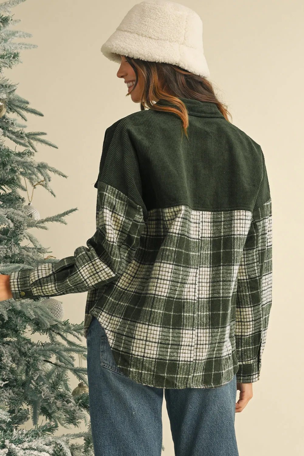 Blackish Green Snap Buttons Patchwork Plaid Shacket