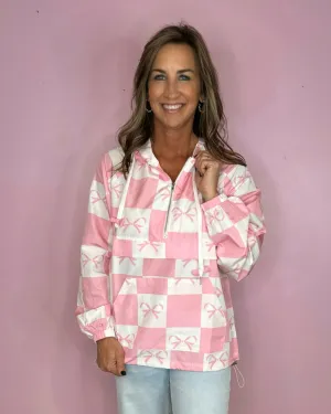 Charming Pink Checkered Bow Windbreaker