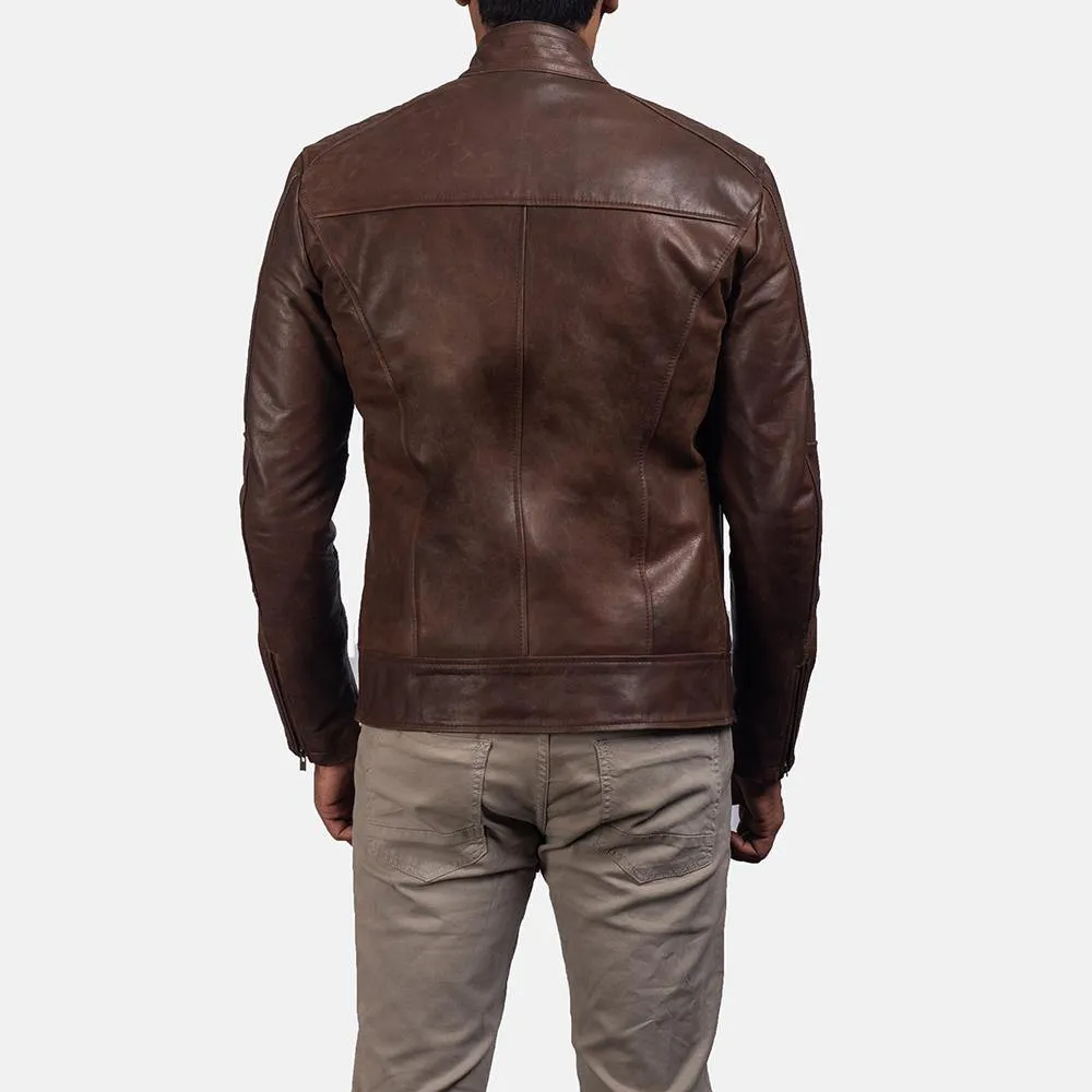 Classic Brown Cowhide Leather Biker Jacket with Quilted Lining