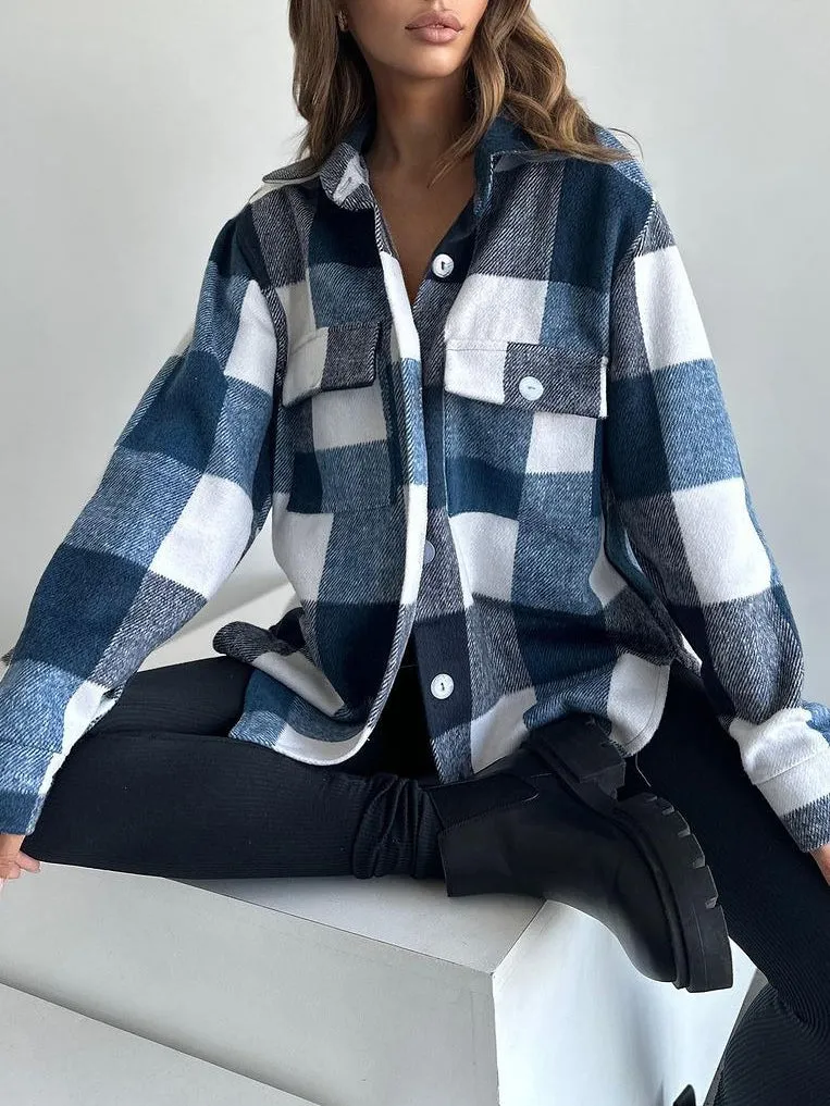 Color Block Lapel Plaid Long Sleeve Shirt