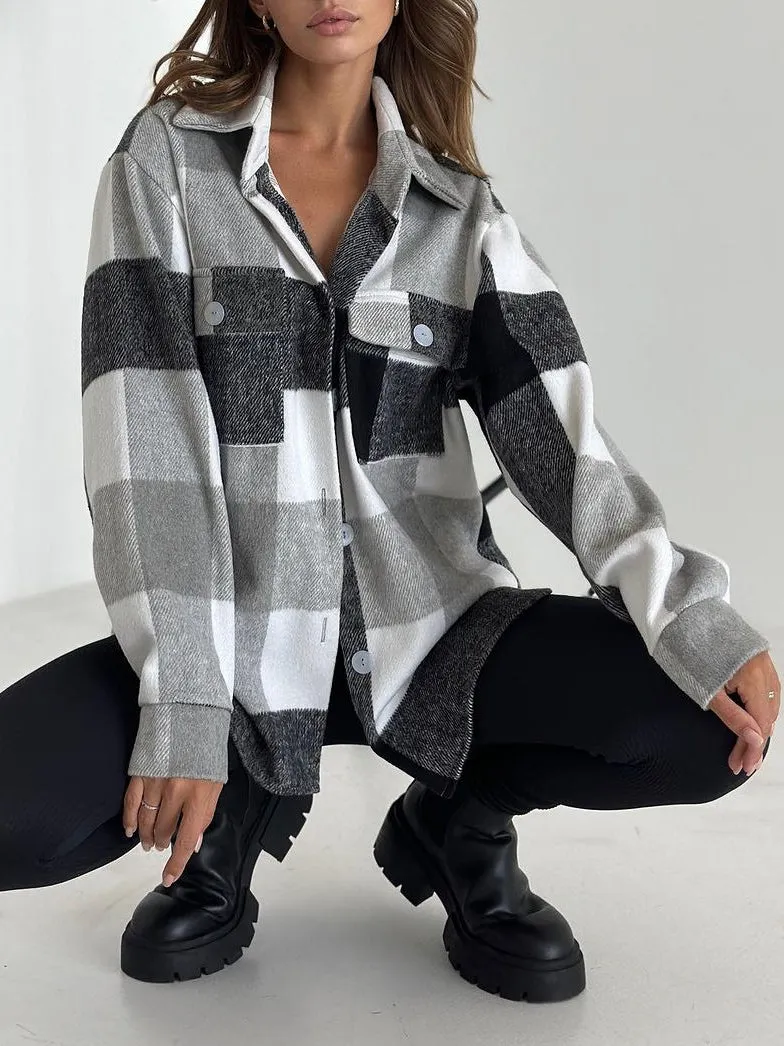 Color Block Lapel Plaid Long Sleeve Shirt