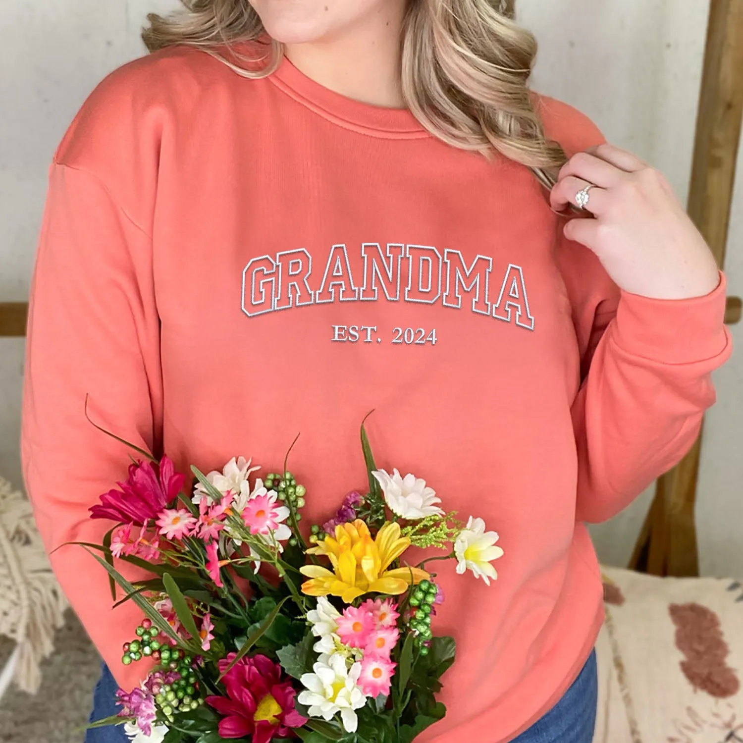 Comfort Color® Embroidered Grandma Est Sweatshirt with Names on Sleeve