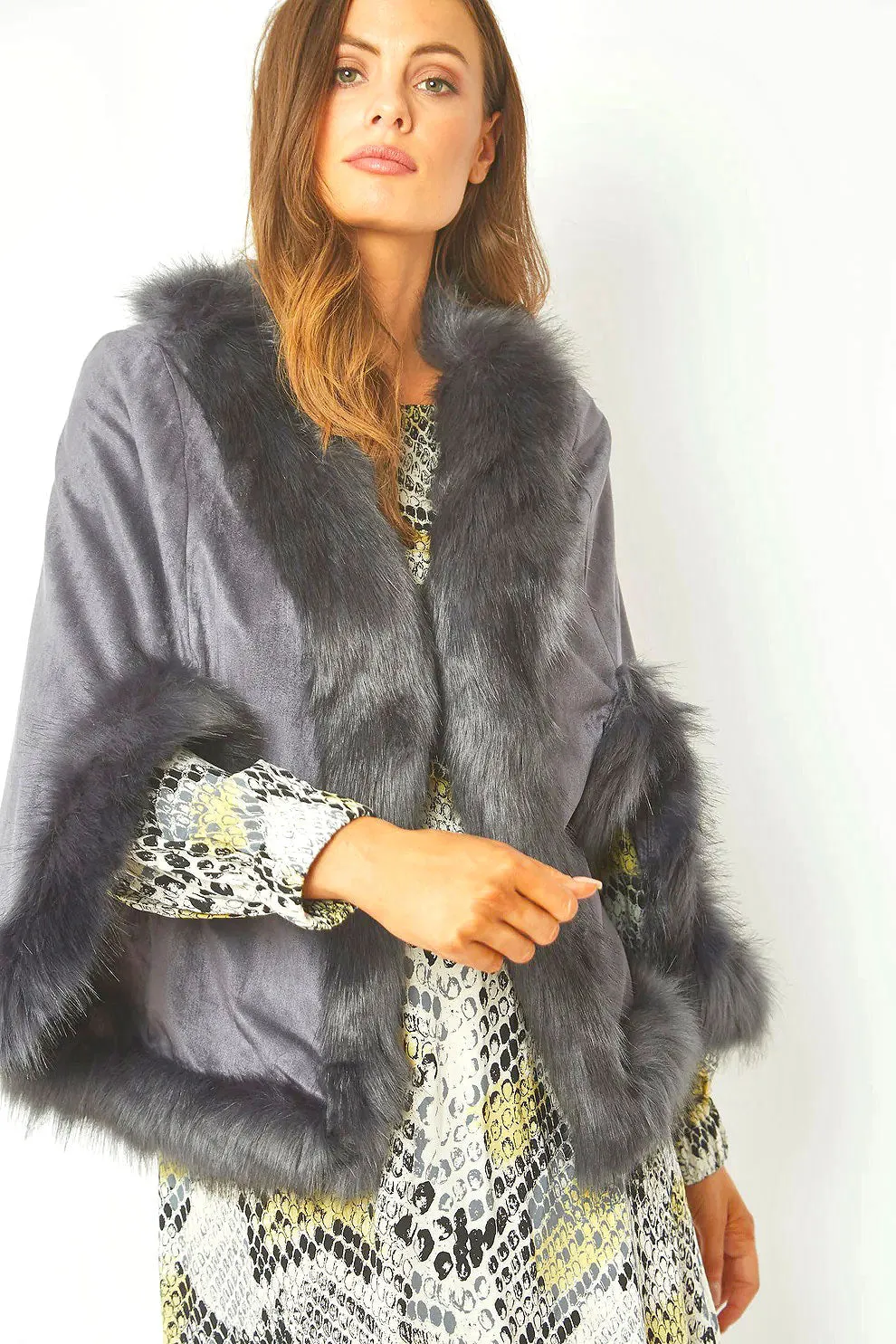 Dark Grey Faux Fur Suede Cape Jacket