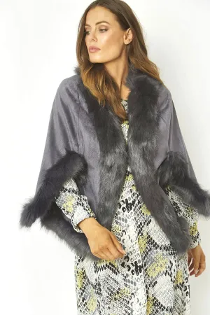 Dark Grey Faux Fur Suede Cape Jacket