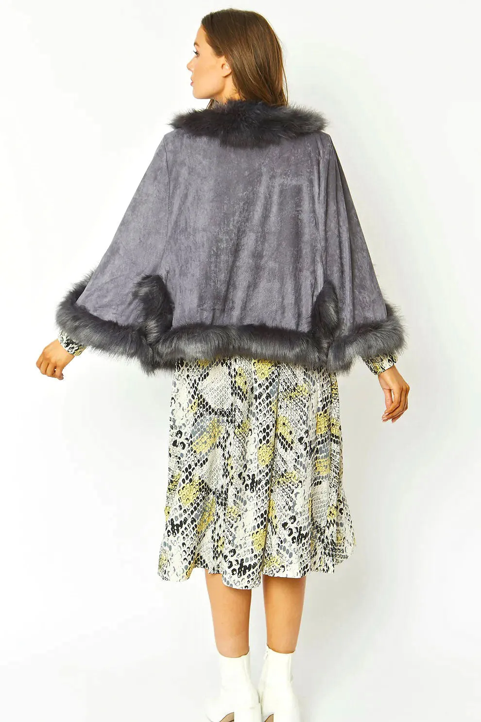 Dark Grey Faux Fur Suede Cape Jacket