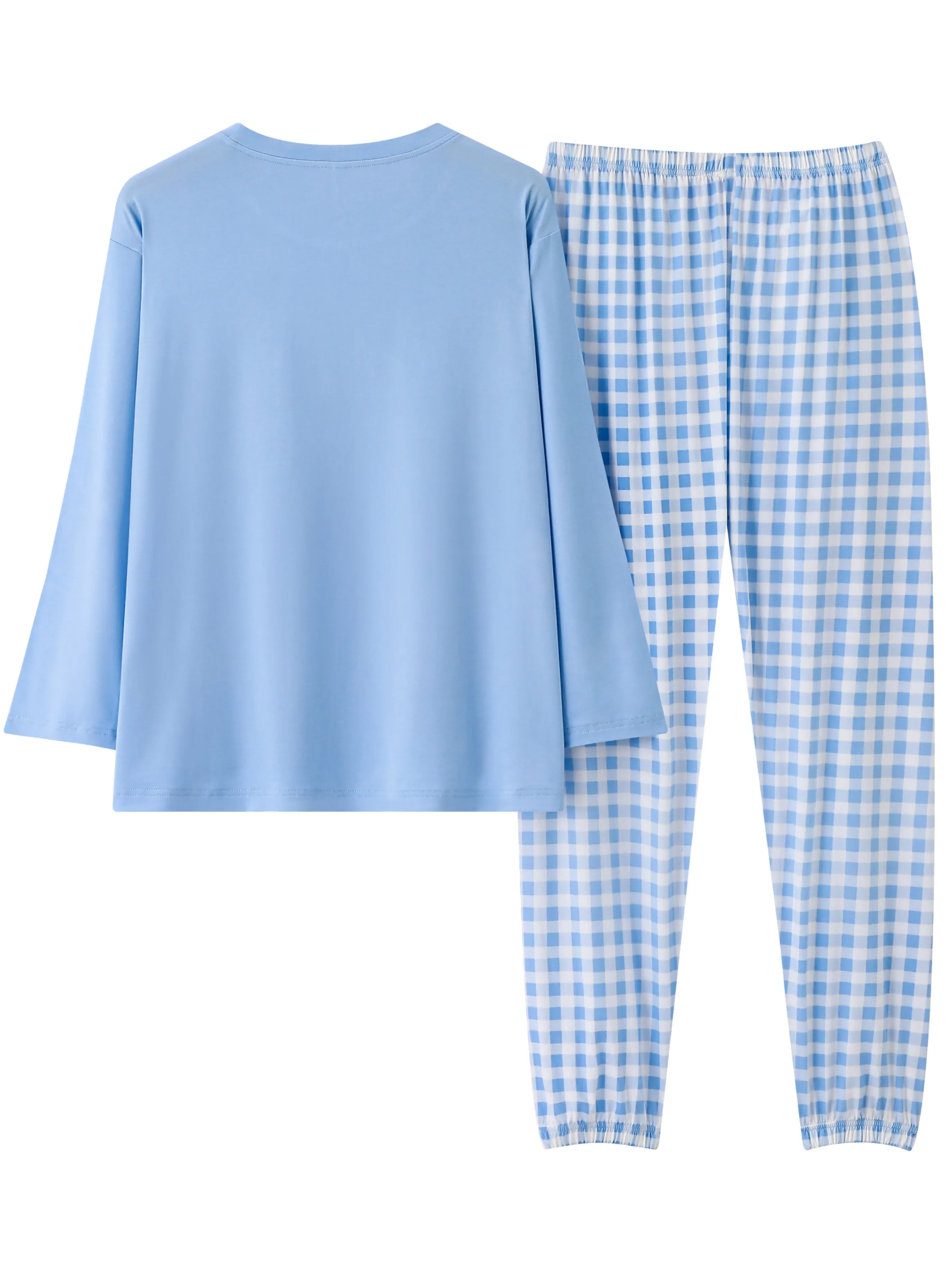 Effortless Relaxation Plus Size Soft Solid Tee & Plaid Pants Pajamas Set for Women's Casual Comfort