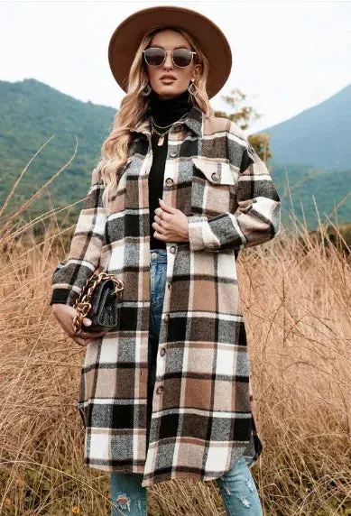 Elegant Plaid Slim Fit Jacket - Mid-Length, Long Sleeve for Women