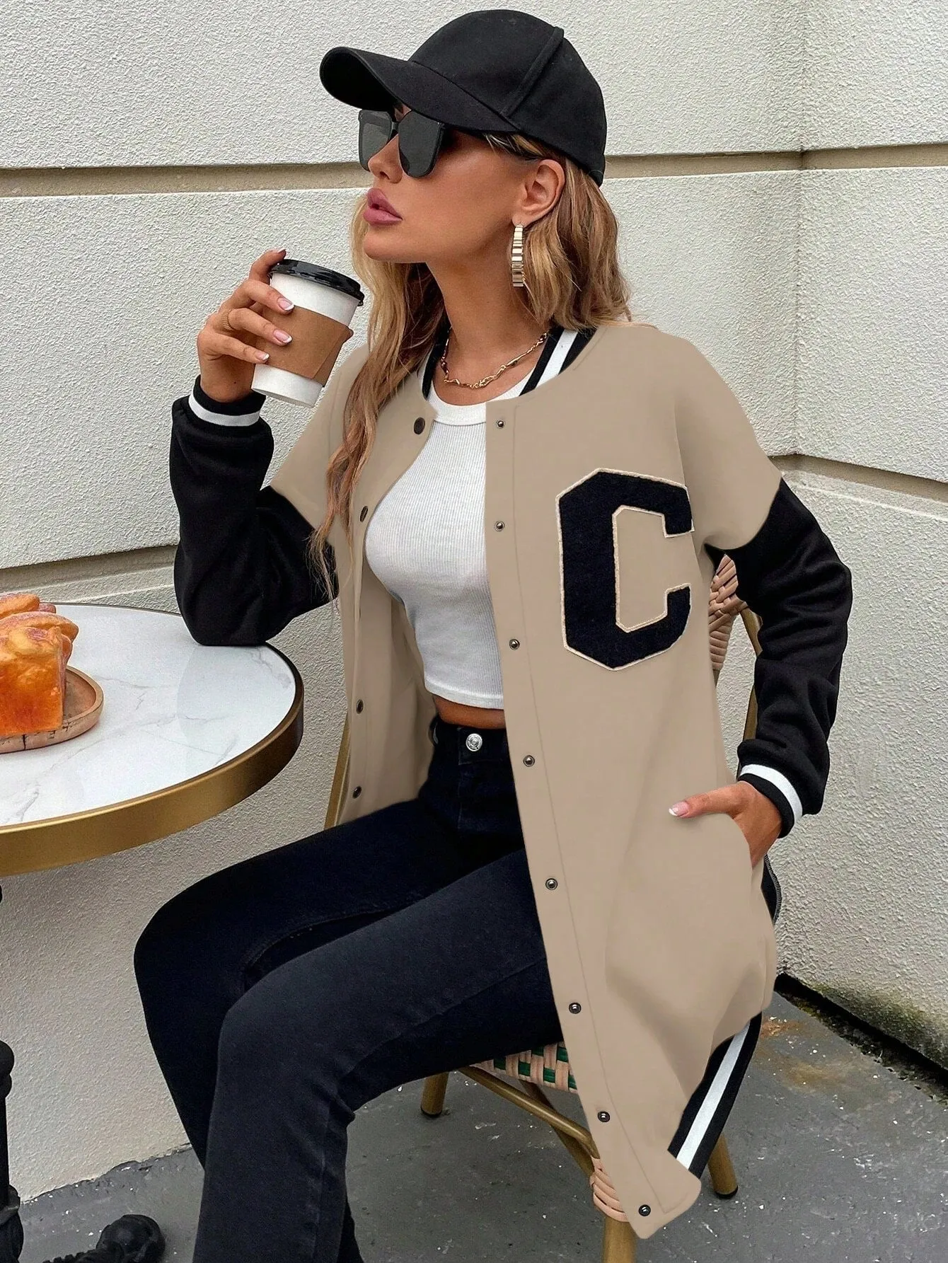 EZwear Letter Patched Colorblock Drop Shoulder Varsity Jacket