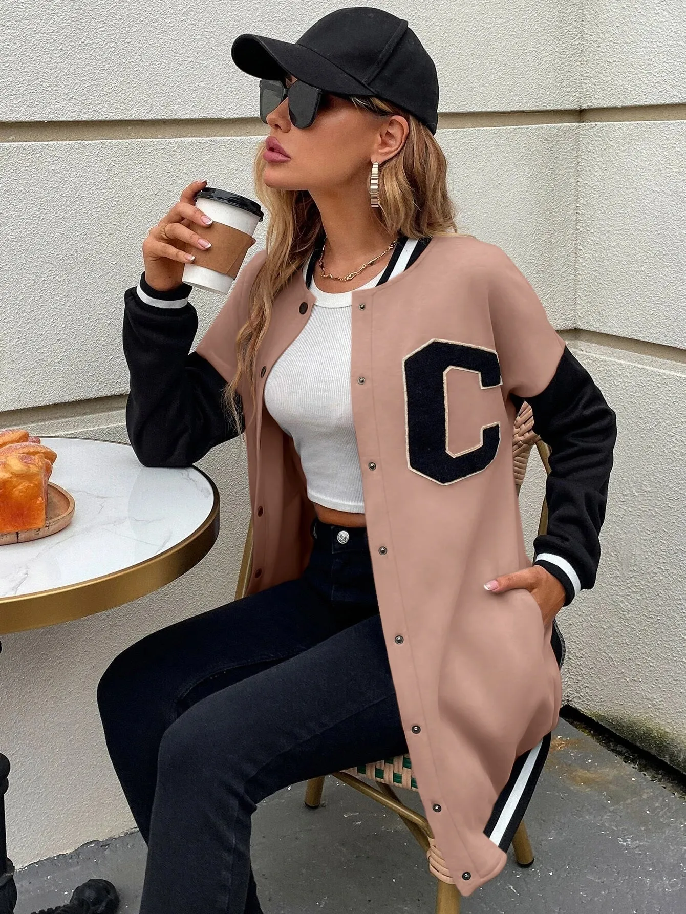 EZwear Letter Patched Colorblock Drop Shoulder Varsity Jacket