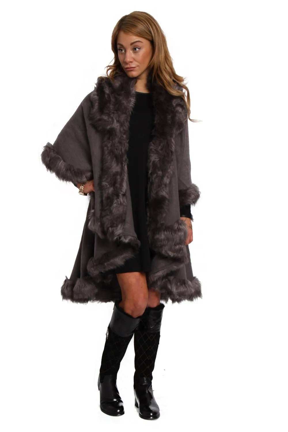 Fluffy Double Layered Faux Fur Trim Poncho