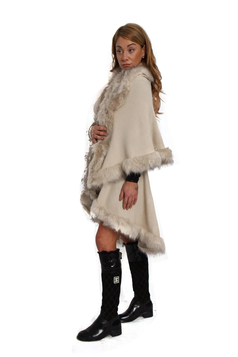 Fluffy Double Layered Faux Fur Trim Poncho