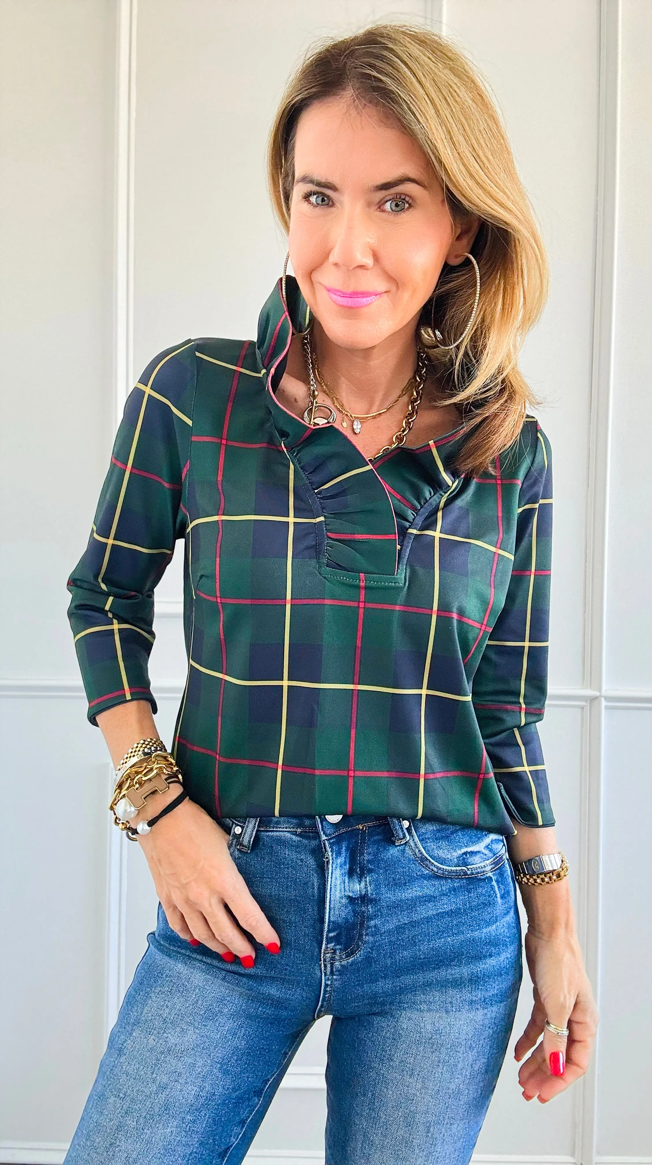 Glen Plaid Ruffle Collar Top