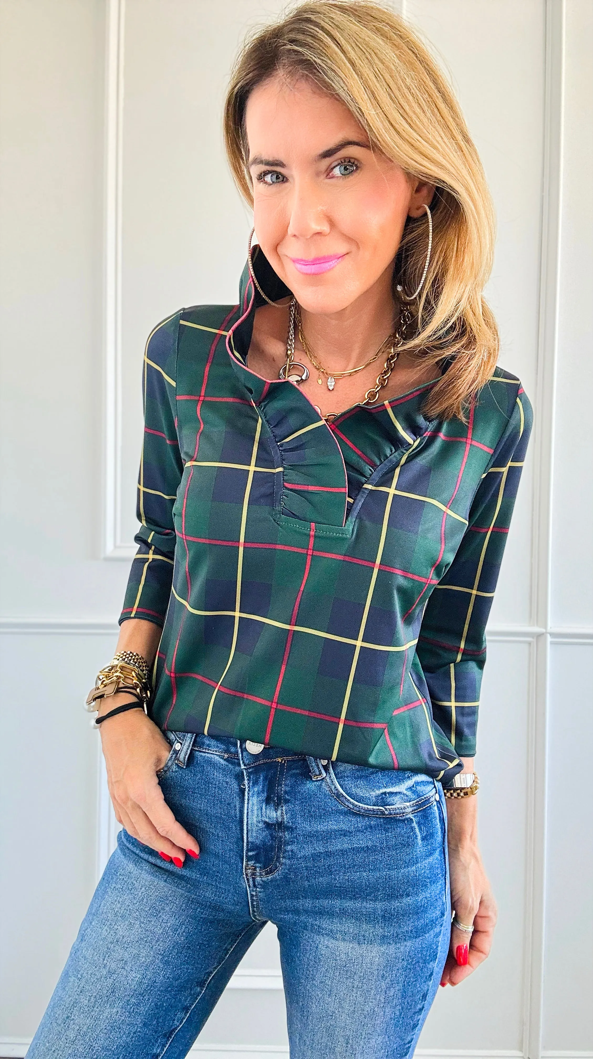 Glen Plaid Ruffle Collar Top