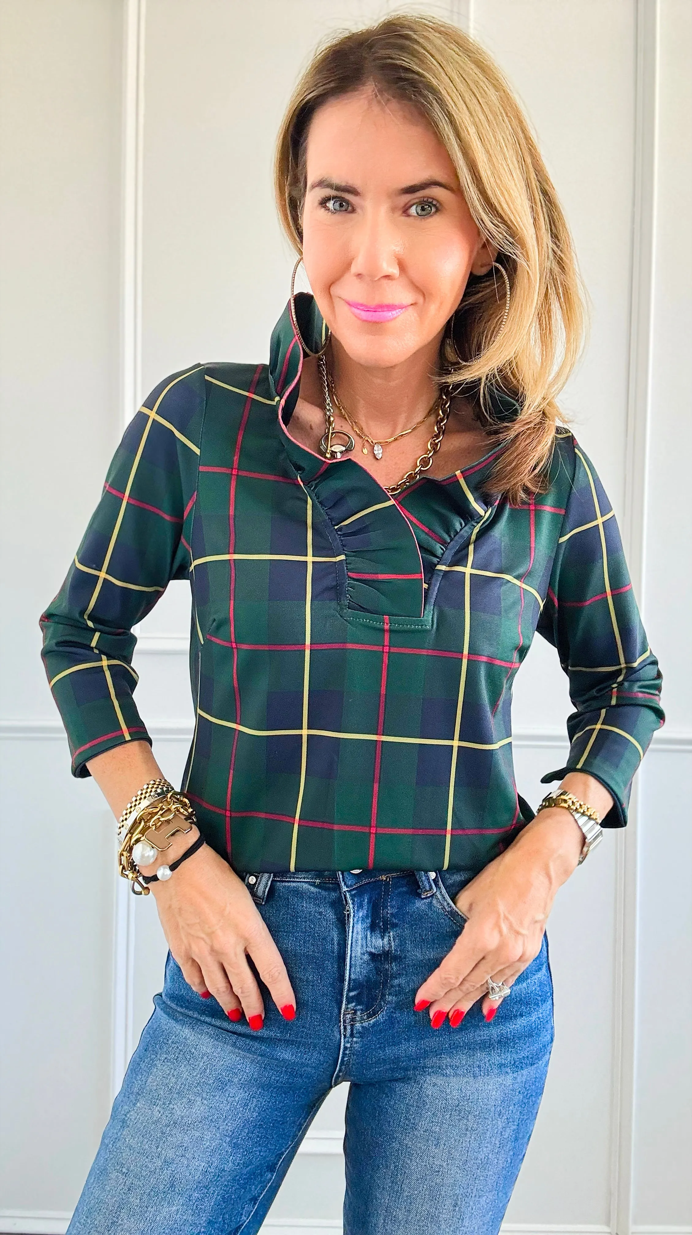 Glen Plaid Ruffle Collar Top