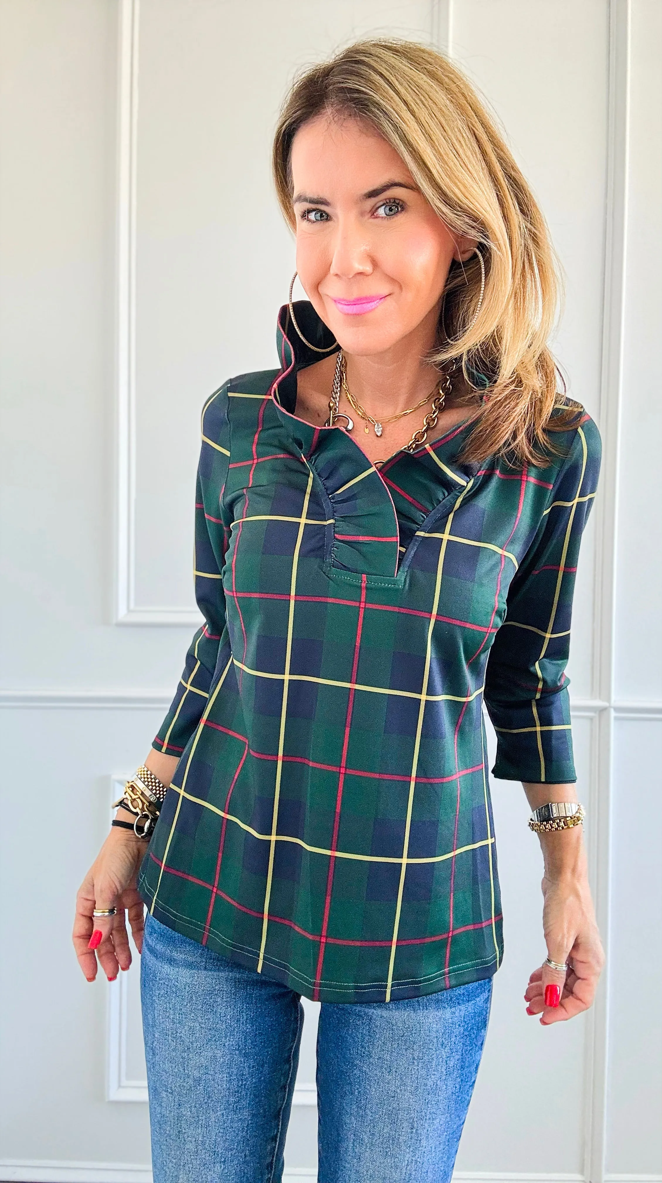 Glen Plaid Ruffle Collar Top