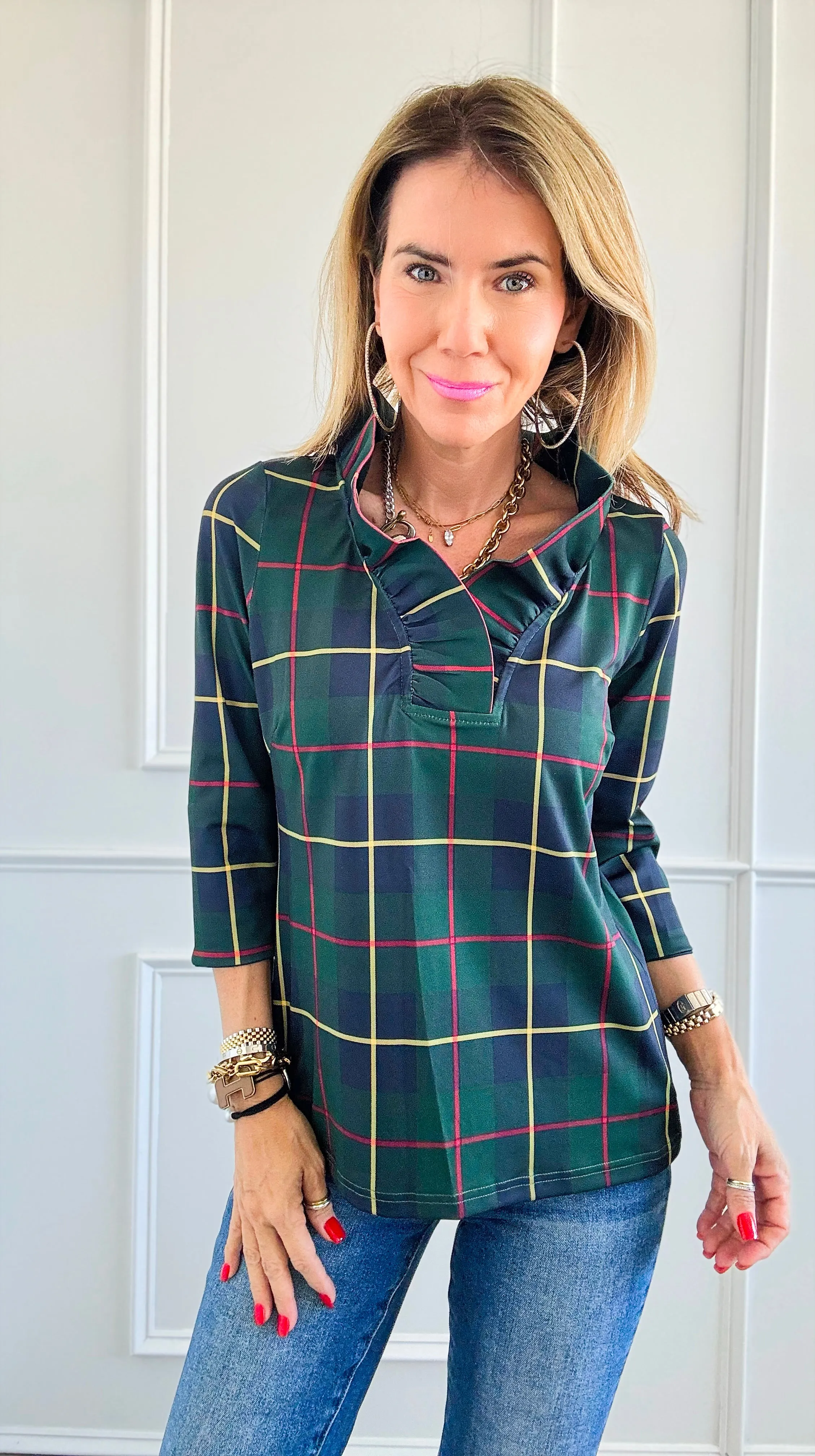 Glen Plaid Ruffle Collar Top