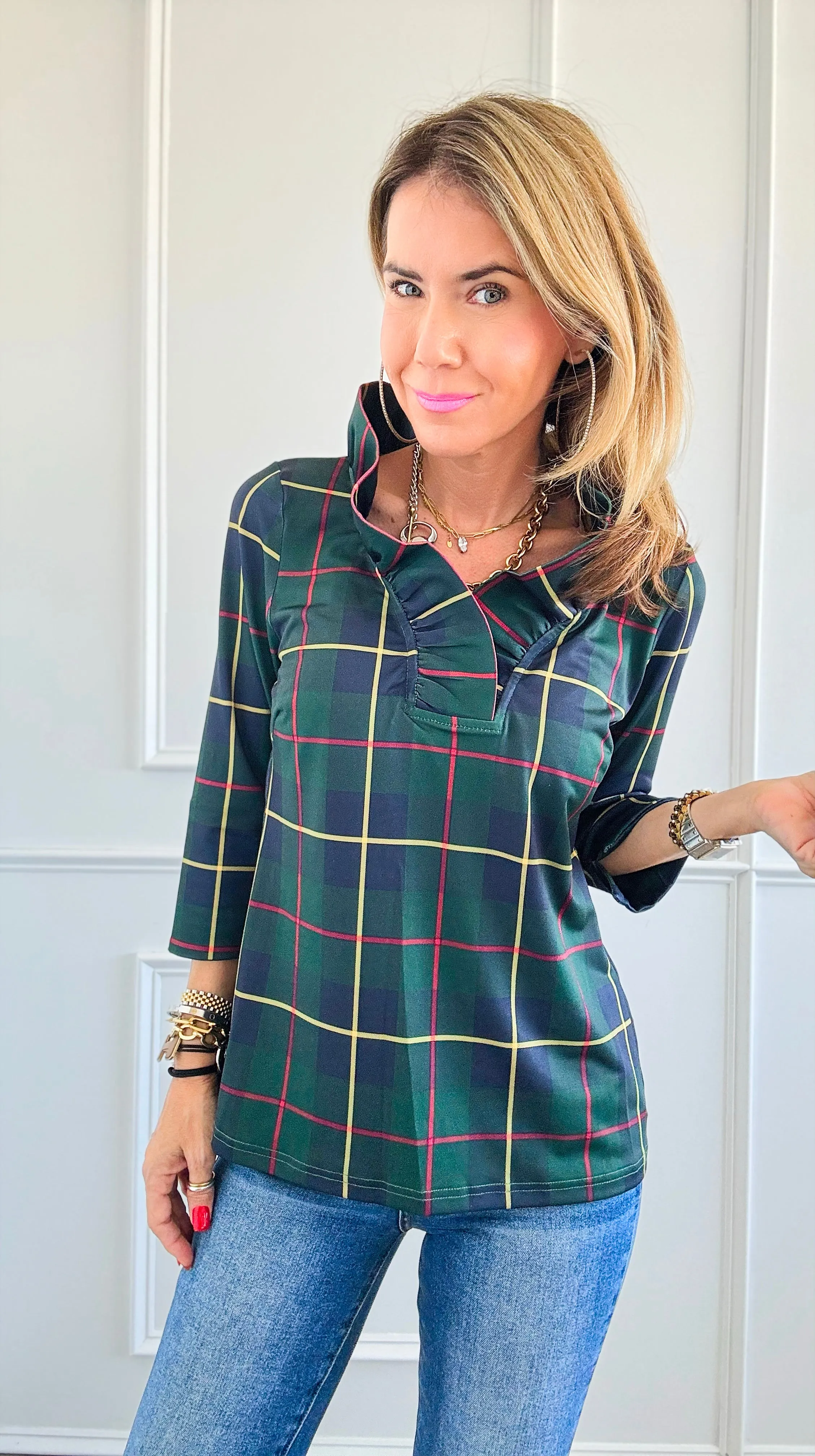 Glen Plaid Ruffle Collar Top