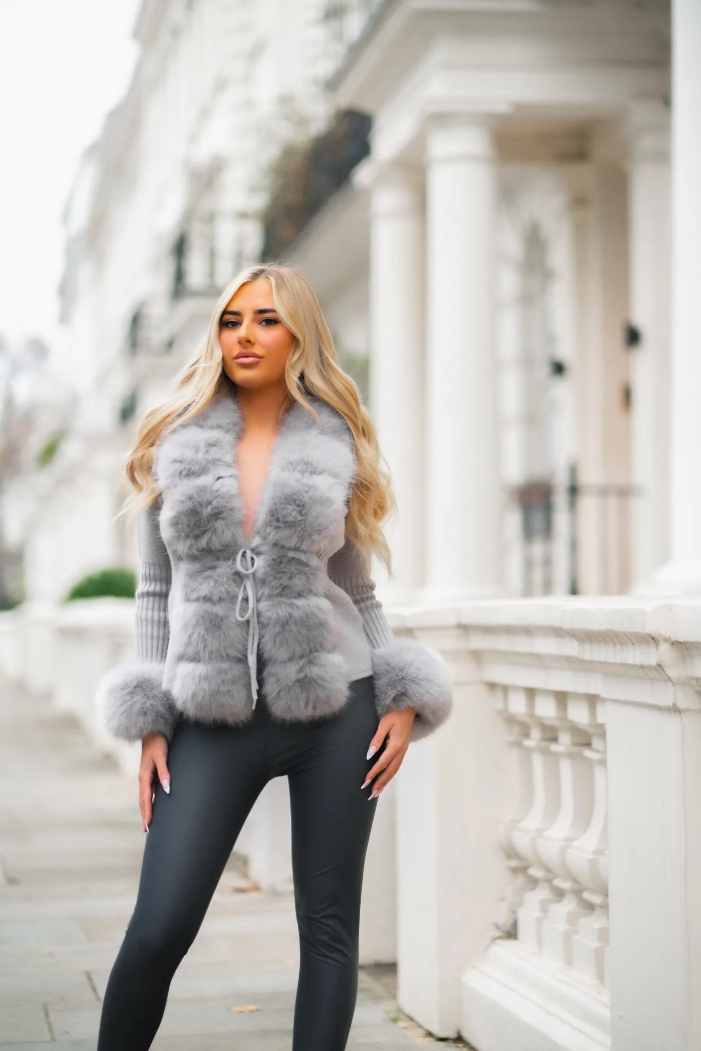 Grey Premium Faux Fur Trimmed Cardigan