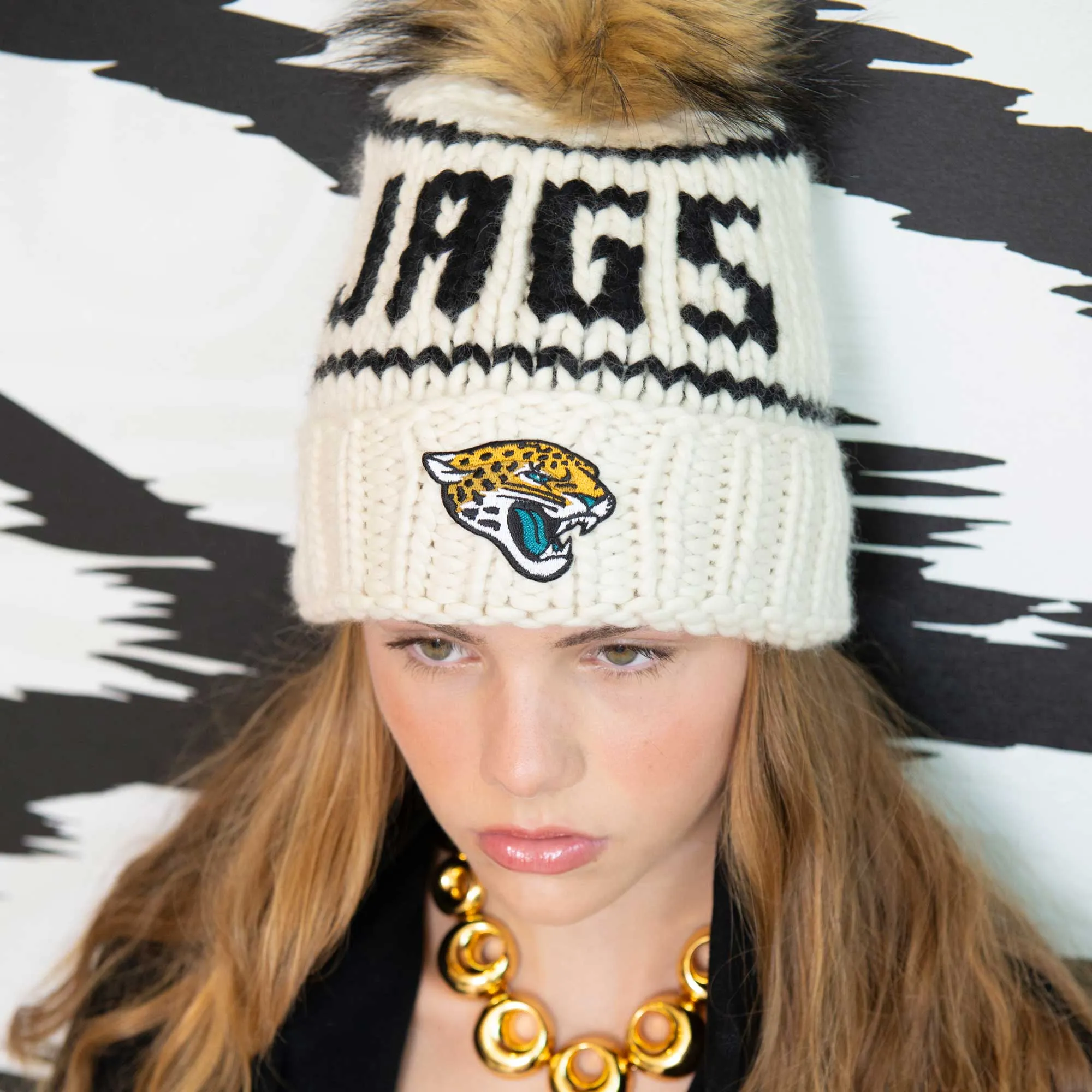 JACKSONVILLE JAGS LELE SADOUGHI X NFL WHITE BEANIE FAUX FUR POM